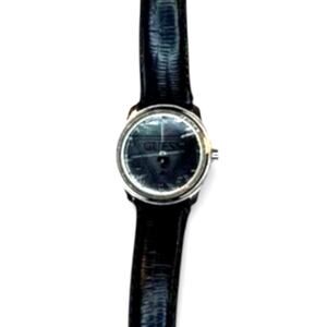Guess Mirrored Face Watch Black Leather Strap Round Case Quartz